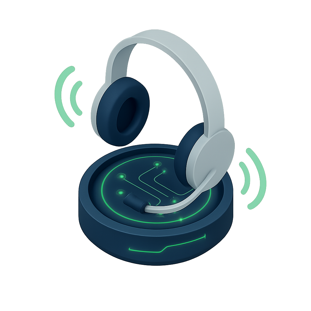 Auriculares con micrófono sobre base tecnológica y ondas de comunicación que representa el contacto con la empresa